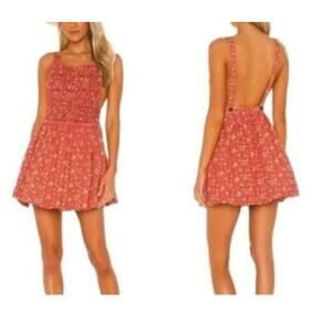 Free People Mini Dress Womens Medium Petunia Floral Apron Smocked Boho NWT
